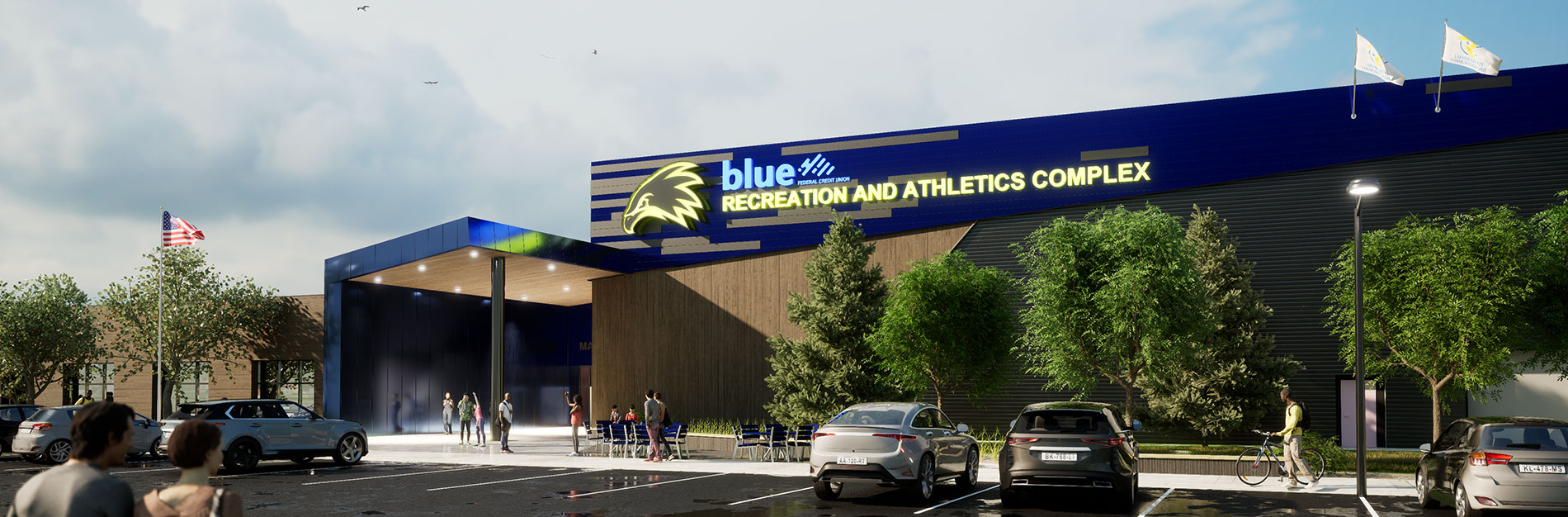 illustration of exterior of the RAC after the renovation with new signage and a defined entrance. This includes the logo for Blue Federal Credit Union who is a sponsor of the renovation.