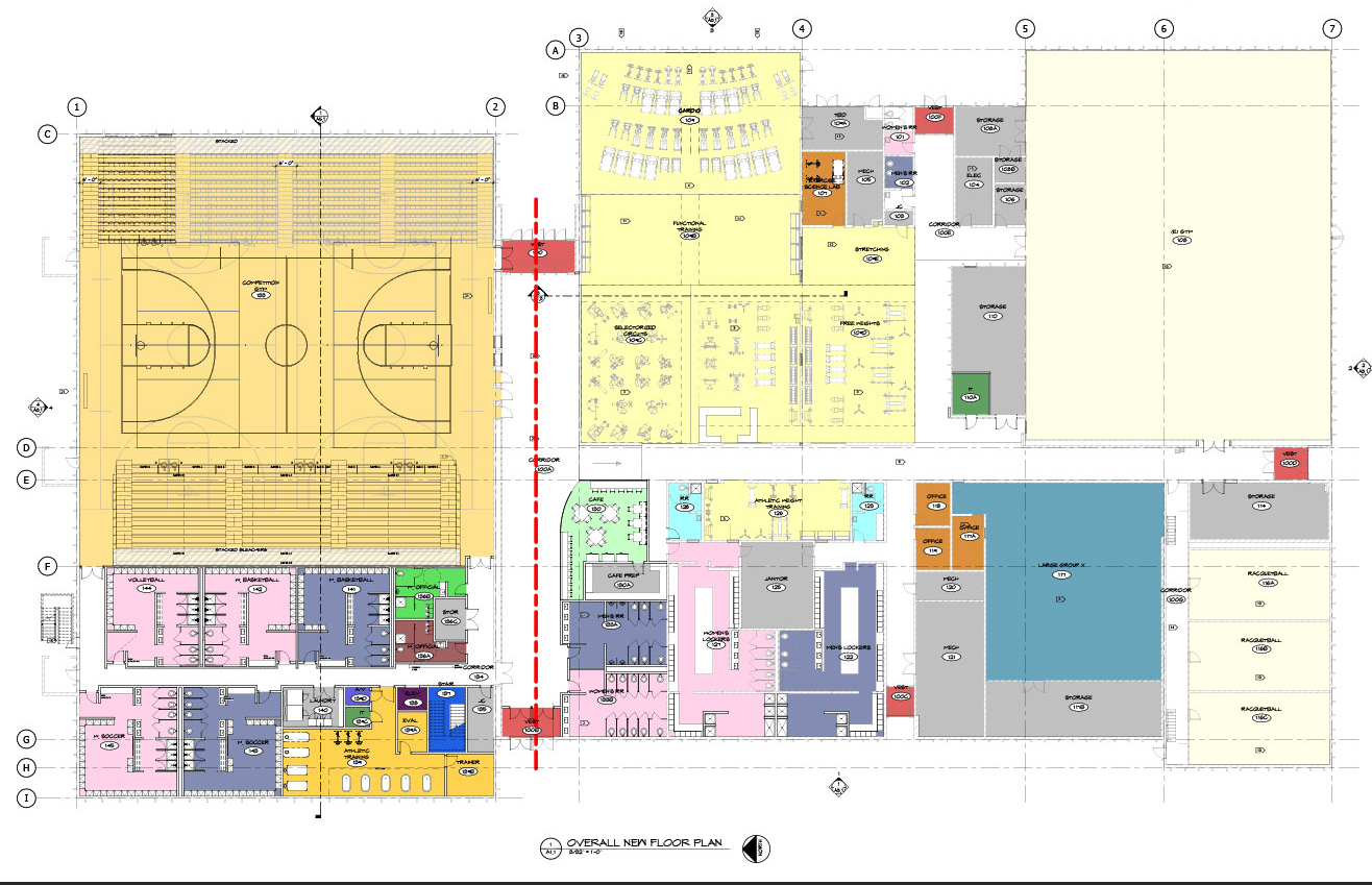 drawing of the renovation floor plans for RAC with competition gym and seating, locker rooms for all sports, new fitness area and cafe.